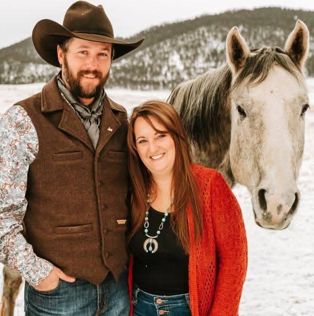 A brown horse with saddles and equestrian equipment in shelves around it.